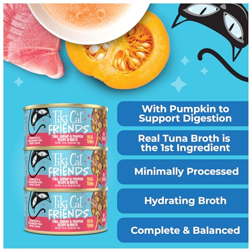 Image of Tiki Cat Friends Tuna, Tilapia & Pumpkin Wet Cat Food | Friends Recipe with Tuna, Tilapia & Pumpkin, Grain Free, High Moisture, Formulated for Adult Cats, 2.8 Oz Can (12 Count)