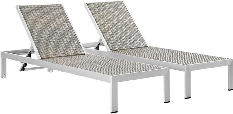 Pemberly Row Modern Aluminum Patio Chaise Lounge Set, 76 x 25 in, PVC Rattan Weave, Silver/Gray Finish, Adjustable Recliner, Dual Wheels, Outdoor Sun Lounger, Set of 2