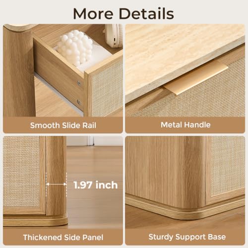 Image of Night Stand Set of 2, 23.11 inch W Rattan Nightstand with 2 Drawers, Faux Marble Top Bedside Table, Boho Mid Century End Table for Bedroom Living Room Sofa Office, Natural Oak [FSC Certified]