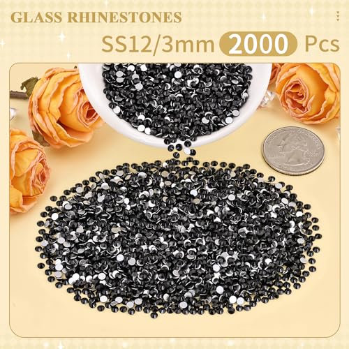 Image of 2000PCS SS12 /3mm Crystal Glass Rhinestones for Bedazzling (Jet Black) | Flatback Rhinestones for Crafting DIY Crafts Nail Art Makeup Decoration, Gems Diamond Charms for Tumbler Shoes Clothing Mug