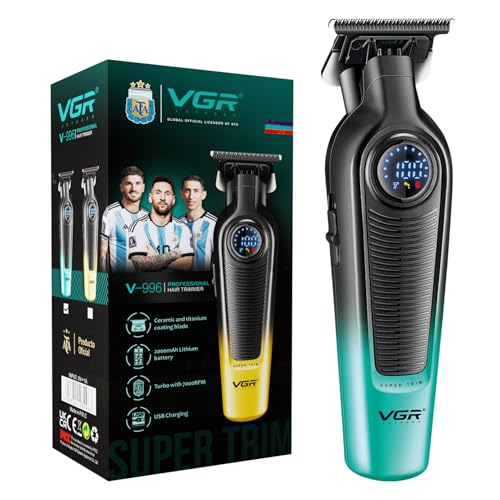 VGR V-996 Professional Hair Trimmer for Men – Cordless Beard & Hair Clipper, Precision Ceramic & Titanium Blade, Turbo 7000 RPM Motor, LED Display, USB Charging, 4 Guide Combs, Green & Black