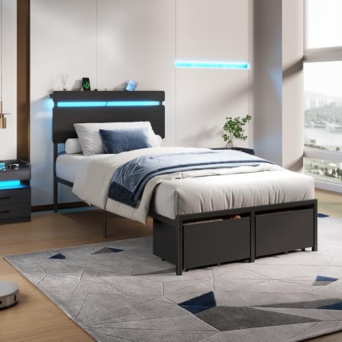 Image of Forestell Twin Bed Frames with Wood Headboard, Black Platform Bed with 2 Storage Drawers & Shelf, Built in Charging Station & LED Lights, Metal Support, No Box Spring Needed, Camas Twin Size