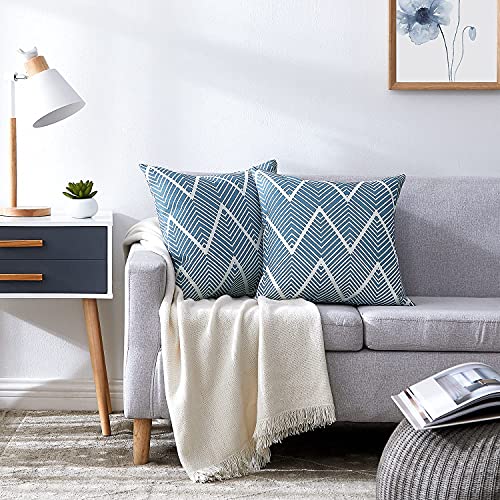 Baceight Outdoor Pillow Covers 18x18 Throw Pillow Covers Pack of 2 Cotton Linen Decorative Pillow Covers Pattern Square Cushion Covers Patio Pillow Covers Blue