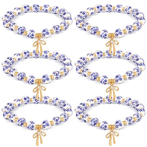6 Pieces Beads Bow Charm Bracelet Set for Women Flower Vintage Stretch Bracelet Handmade Dainty Bow Pendant Gift for Women