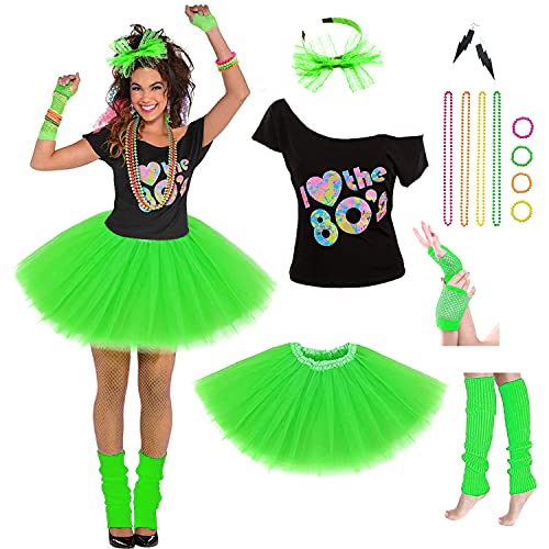 Women's 80's Costumes with Accessories Set Green Tutu Skirt Earrings Necklace Bracelets Fishnet Gloves Legwarmers Headband Medium(6-8)