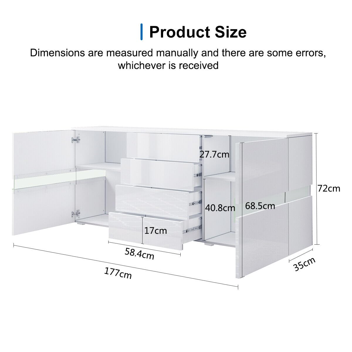 Modernes LED Sideboard Hochglanz Front TV Lowboard Aufbewahrungsschrank mit 2 Türen und 4 Schubladen Küchenschrank für Wohnzimmer Esszimmer Weiß 177 x 35 x 72cm