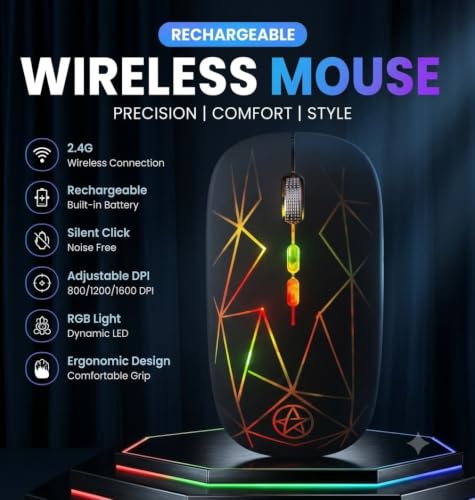 Image of Afaartcci Rechargeable Wireless Mouse 2.4GHz USB Optical Mouse with RGB Breathing LED Light, Silent Click, 3 Adjustable DPI 800 /1200 /1600, Micro USB Charging, Ergonomic Mouse for Laptop PC Desktop