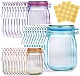 KESTAR 30 Pcs Mason Jar Zipper Bags, Spice Storage Bags, Reusable Food Saver Storage Fresh Bags Snacks Zipper Sealed Bag with 32 PCS Labels for Travel Camping Picnic (Style01 30 PCS)