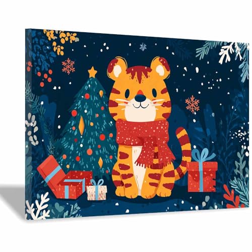 Peinture imprimée en HD tigre de Noël entoilée et encadrée 70x100cm