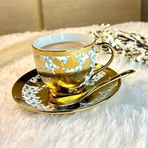 Image of DMRD-Elegant Ceramic Tea 18 Piece Set |Gold-Plated Cups with Saucers Spoons | Luxury Floral Designer Gift |Home & Party Tea Set with Kettle | Ceramic Pot Floral Aesthetic | Crockery (Blue)