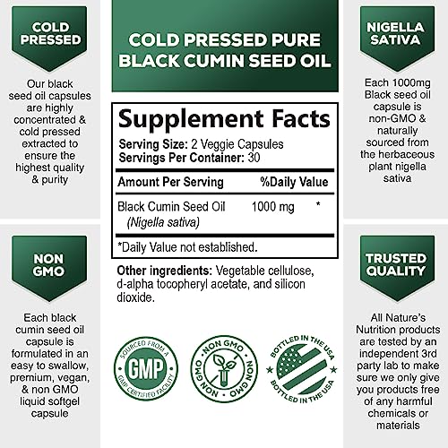 Premium Black Seed Oil Capsules Vegan Cold-Pressed 1000Mg - Extra Strength Nigella Sativa Black Seed Oil, Nature's Pure Black Cumin Seed Oil For Immune, Hair And Brain Support, Non-Gmo - 60 Capsules #TOP1