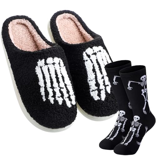 Geyoga Halloween Slippers and Socks for Womens Mens Plush Warm Non-slip Slippers Pumpkin Skeleton Ghost Socks
