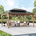 Modern Shade Rosewood Wood Gazebo 12' x 16', Cedar Framed Wooden Gazebo with Double Galvanized Steel Roof, Permanent Hardtop Wood Grill Gazebo with Sturdy Hooks for Garden, Backyard, Patio, and Deck
