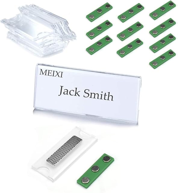 PERFETSELL 10 PCS Magnetic Name Badges DIY Blank ID Holders Fastener Strong Magnetic Name Tags Strength Neodymium Magnets with Adhesive on Front Plate and Display Holder for Jacket Lapel or Shirt