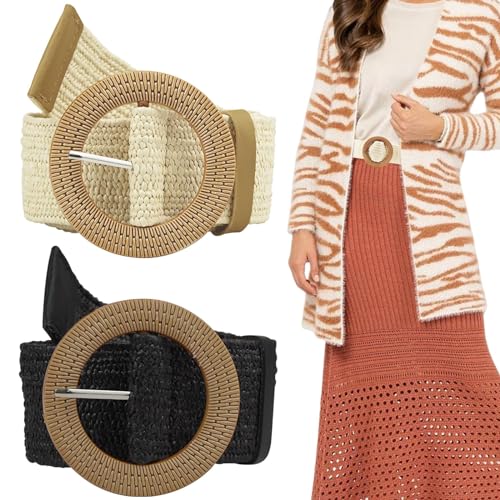 2 Pieces Adjustable Straw Woven Belt with Belt Buckle for Women, Wide Fashion Boho Waist Belt Band for Dress Jeans