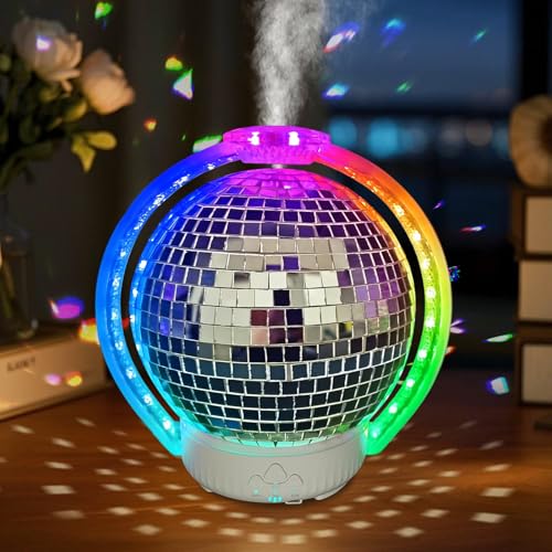 Rotating Disco Ball Diffuser Mirror Ball Cute Diffuser with RGB Color Night Light 2Timer Seting & 3 Light Mode Mirror Essential Oil Diffuser Aromatherapy Diffuser for Home Decor Party Bedroom