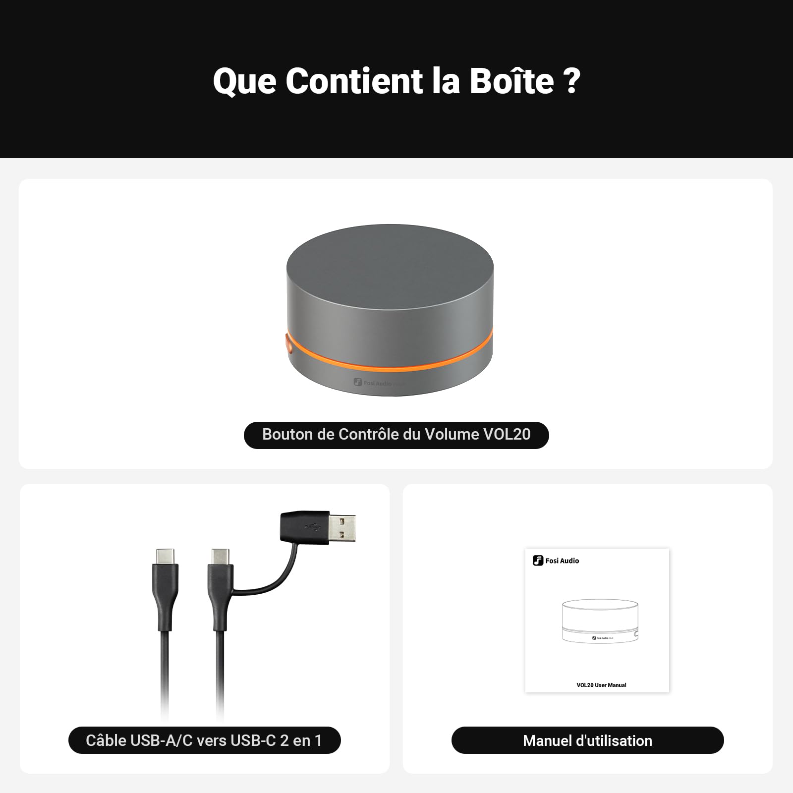Fosi Audio VOL20 Régulateur de volume Bluetooth, Contrôleur multimédia USB pour PC, Gaming, Audio domestique et Bureau, Molette multifonction avec éclairage RGB réglable