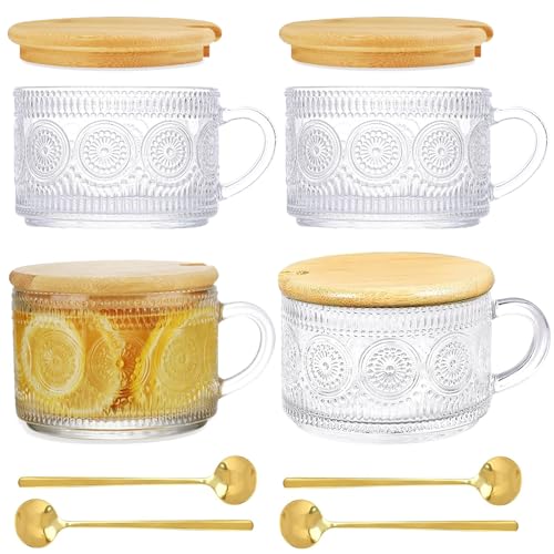 4 Stück Transparente Kaffeetassen Set mit 4 Deckel 4 Löffel, 450ml/15oz Vintage Geprägte mit Griff Oats Gläser, Frühstückstasse für Porridge,...