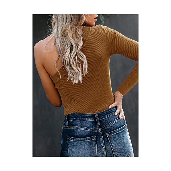 REORIA-Womens-Sexy-One-Shoulder-Short-Sleeve-Knit-Ribbed-Top-Bodysuits Long Sleeve Bodysuit Women Sexy One Shoulder Off The Shoulder Body Suits Knit Ribbed Stretchy Leotard Backless Bodysuits Brown Medium