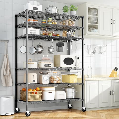 82" H X45 W X18 D Storage Shelves with Wheels, 6 Tier Wire Shelving Adjustable Metal Shelving Pantry Shelves Capacity 1200LBS for Garage Shelving, Pantry, Kitchen, Closet, Commercial, Black - Image 3