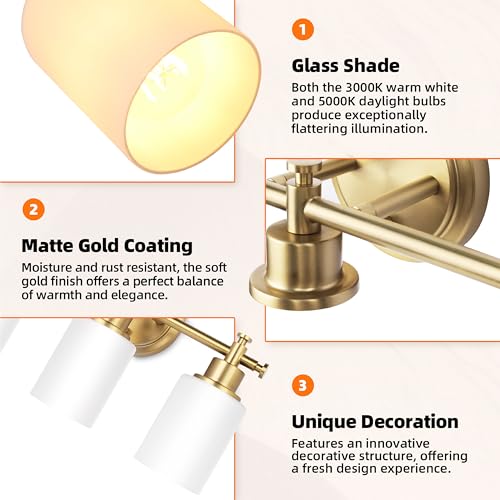 Image of 3-Light Gold Bathroom Vanity Light Fixtures, Brushed Gold Wall Sconce, Champagne Gold Vanity Light with Milky White Glass Shade Over Mirror, Bathroom, Bedroom, Modern Style, E26 Base