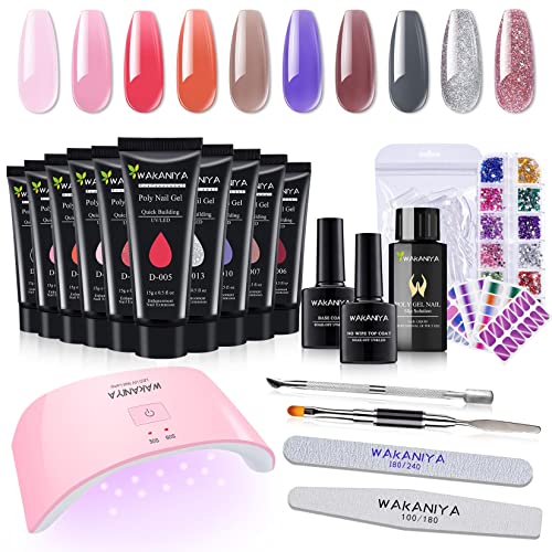 wakaniya Poly Extension Gel Nail Kit with uv Lamp - 10 Colors Poly Gel Kit Slip Solution Nail Strengthener Rhinestone French all In one for Nail Manicure Beginner Starter Kit Sculpting DIY at Home
