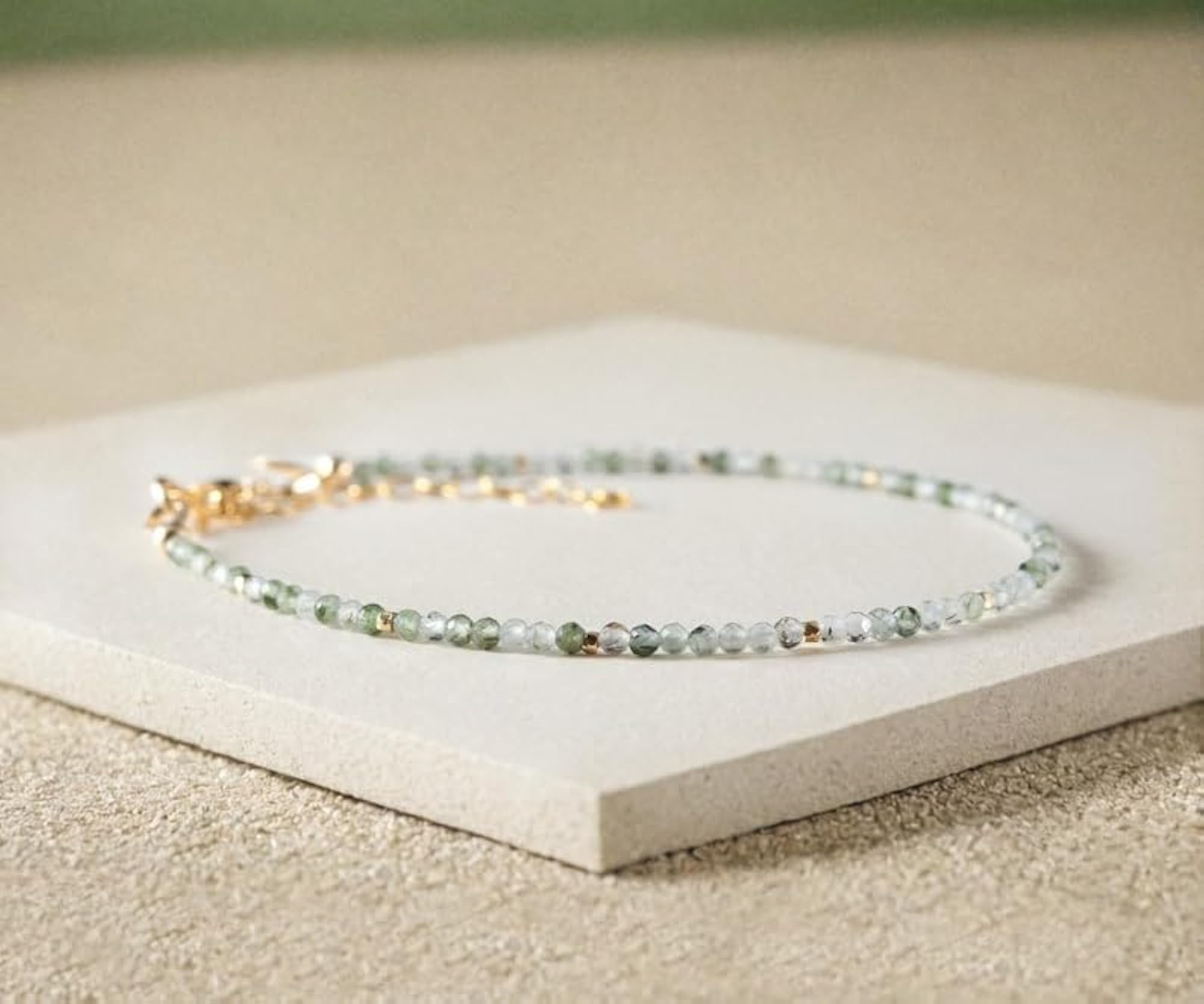 Flower Agate Round Beaded Bracelet, Adjustable Gold Lock