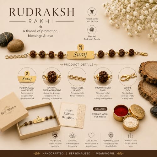 Image of Unisex-Adult Customized Name Rakhi For Brother | Rudraksha Beads, Custom Name Engraving, Adjustable Fit