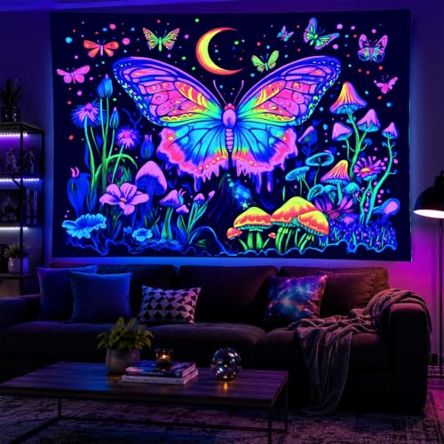 Image of BlissYard Neon Blacklight Tapestry Banner 79x59 Inch Butterfly Mushroom Moon Neon Tapestry Celestial Garden Aesthetic Bohemian Reactive Decor Decration Glow In The Dark Banners Decration Black Light Tapestries