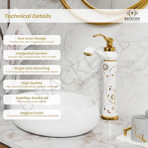 Image of Backline Basin Mixer Tap for Bathroom Wash Basin | 12 inch Long Pillar tap for Basin | Single Lever Hot & Cold Water Faucet | Basin Taps for Bathroom & Livingrooms (White Gold Long Body)