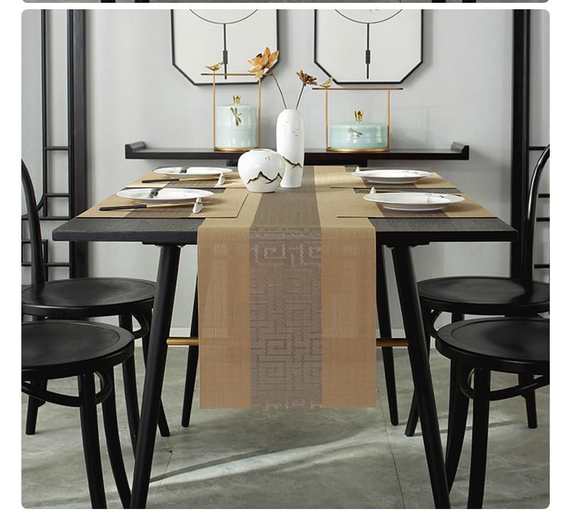 Image of YELONA Placemats and Table Runner Set - Heat Resistant, Non-Slip & Washable PVC Vinyl Dining Table Mats - Peanut Brown (6 Placemats: 45x30 cm, 1 Runner: 180x30 cm)