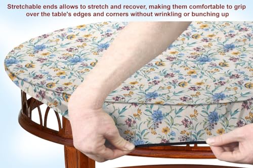 Image of The Furnishing Tree Elastic Cotton Oval Center Table Cover 16x36 in Inches Floral Golden Leaf on offwhite Base