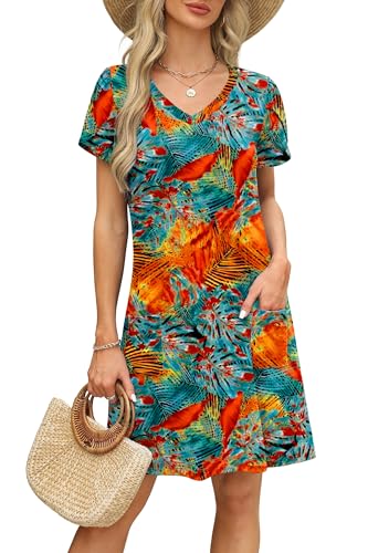 Image of OFEEFAN Womens Summer Dresses 2026 Tulip Petal Short Sleeve V Neck Loose Swing Sundresses with Pockets Plain /Print