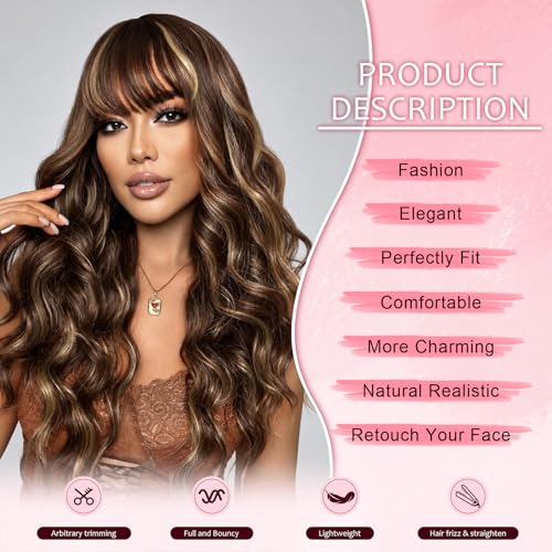 NOSTALGIA Brown Highlight Wig with Bangs for Women Long Wavy Synthetic Wig - image 6