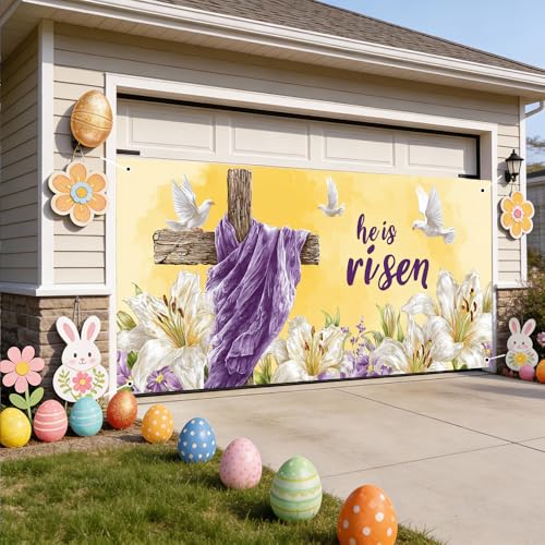 Image of Easter Garage Door Cover 157.48 x 70.87 Inch Spring Floral Illustration White Doves Purple Fabric Blooming Lilies Elegant Seasonal Decor Outdoor Garage Spring Celebration Family Gathering