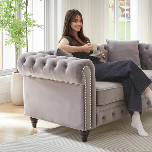 Image of Modern Chesterfield Sofa Couch, 85.5-inch Velvet Fabric 3-Seater Sofa with Rolled Arms and Tufted Button for Living Room, Office, Light Grey
