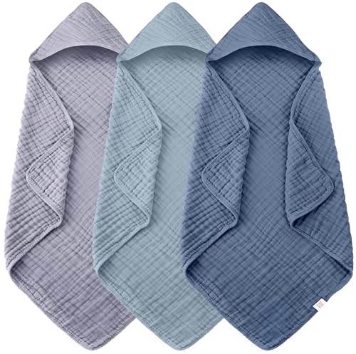 Ease Cubs 3-Pack Muslin Hooded Baby Towels, 100% Cotton, Ultra-Soft & Absorbent Baby Bath Towels with Hood for Babies, Infant, Toddler and Newbron...