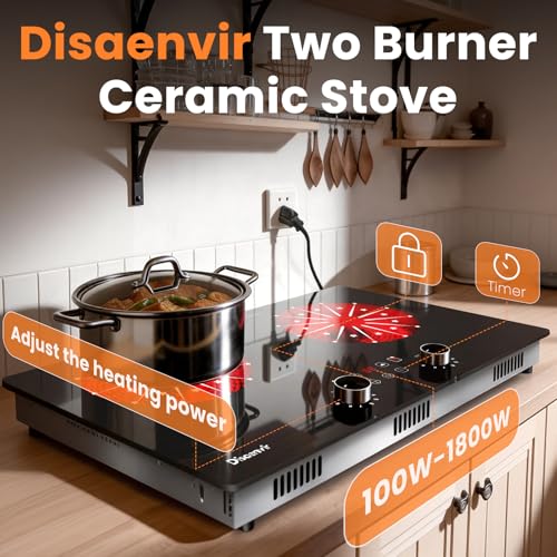 Image of 2 Burner Electric Cooktop 110V - 24 Inch(23.6 inchx 13.78 inch) Ceramic Stove Countertop & Built-in(22 inchx 12.2 inch), 2000W Two Burner Cooktop with Touch & Knob Control, Timer, Safety Lock, 120V Plug in