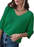 Dokotoo Women's Juniors Spring Fall Fashion 2024 V Neck 3/4 Short Sleeve Pullover Sweaters Loose Solid Color Jumper Knitted Casual Tunic Tops Green Medium