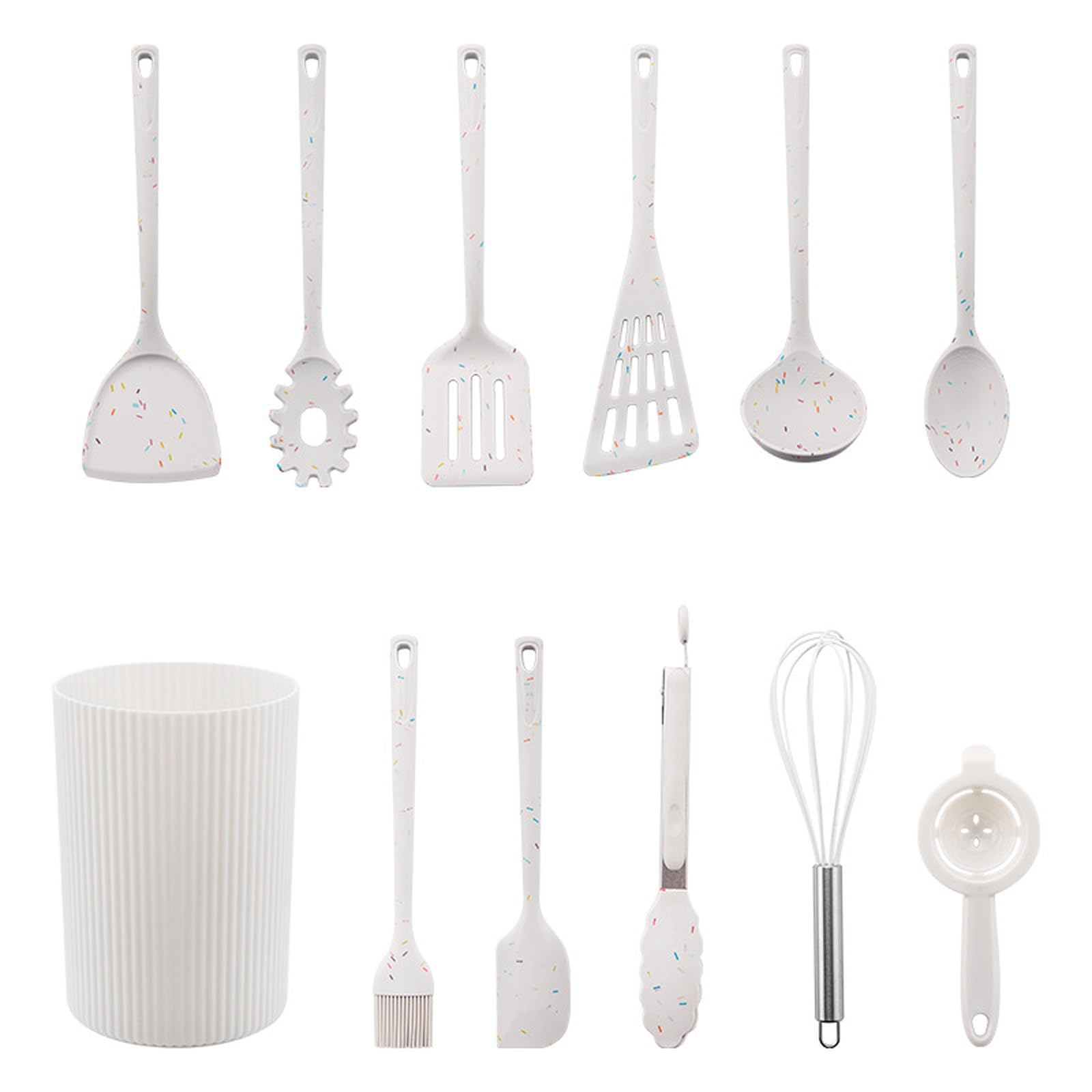 Silikon-Küchenhelfer-Set, 12-teilig, antihaftbeschichtet, mit Pfannenwender, Löffel, hitzebeständig, gesprenkelt, inklusive Aufbewahrungshalter