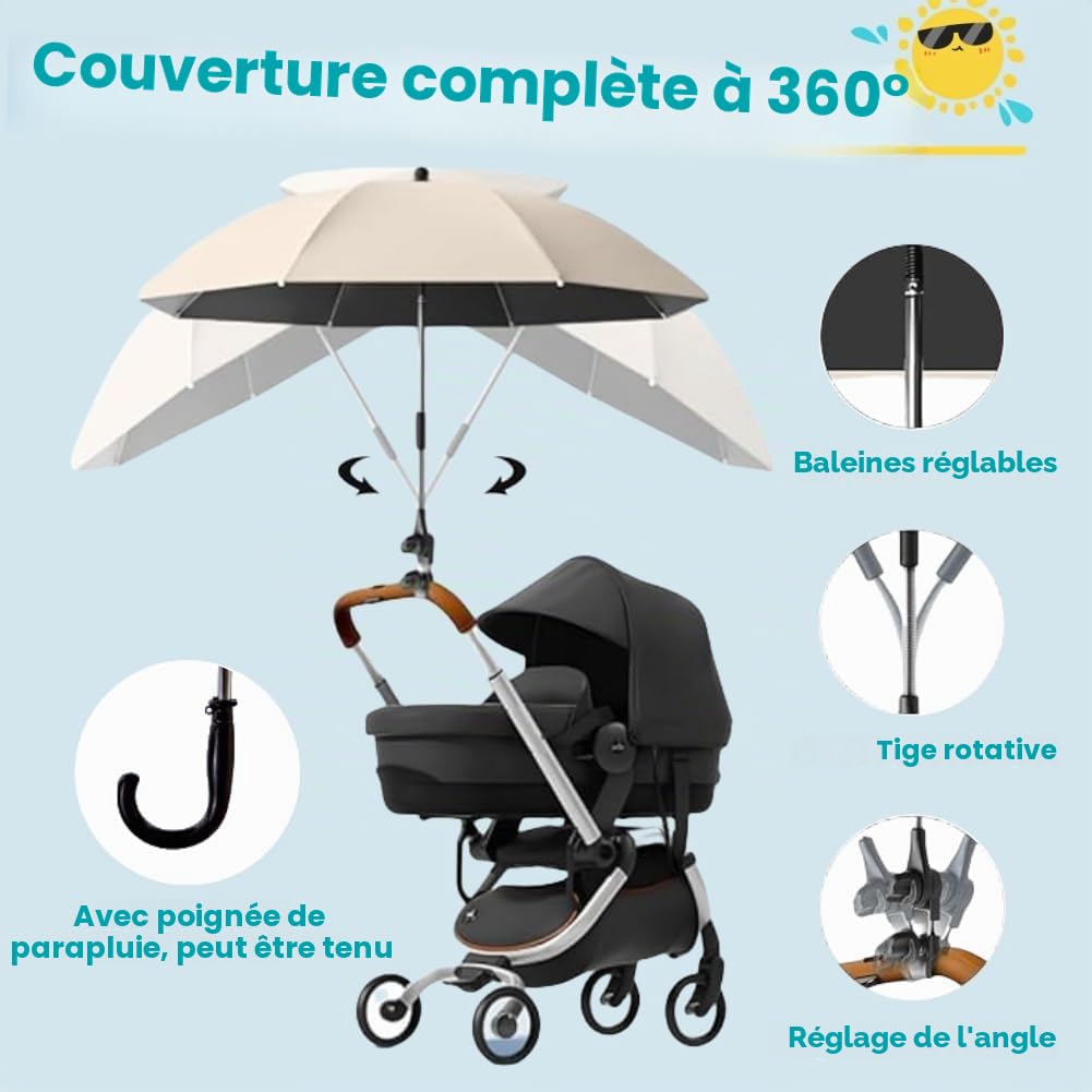 Parapluie Parasol Poussette,Ombrelle Poussette Universelle,Ombrelle pour Poussette Anti UV,Parasol Anti UV 50+ pour Landau,Anti UV Parasols pour Landau,Avec Pince Flexible Bras Réglable
