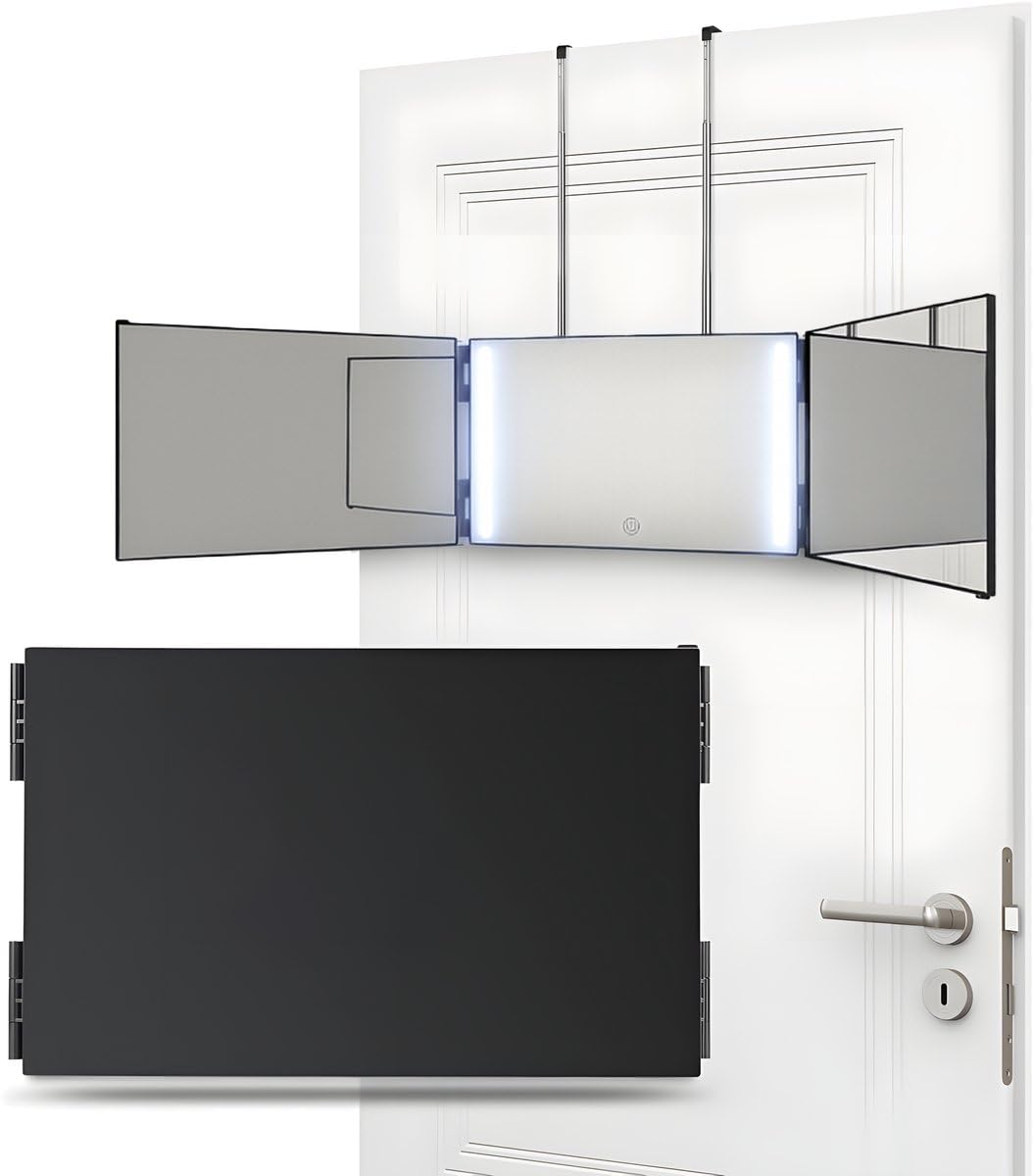 Self Cut LED Beleuchtet Haarspiegel 360° Drehbare Triptychon Design Hängend für Tür Selbst Schneiden Make-up Rasieren Kompakt Faltbar 100470