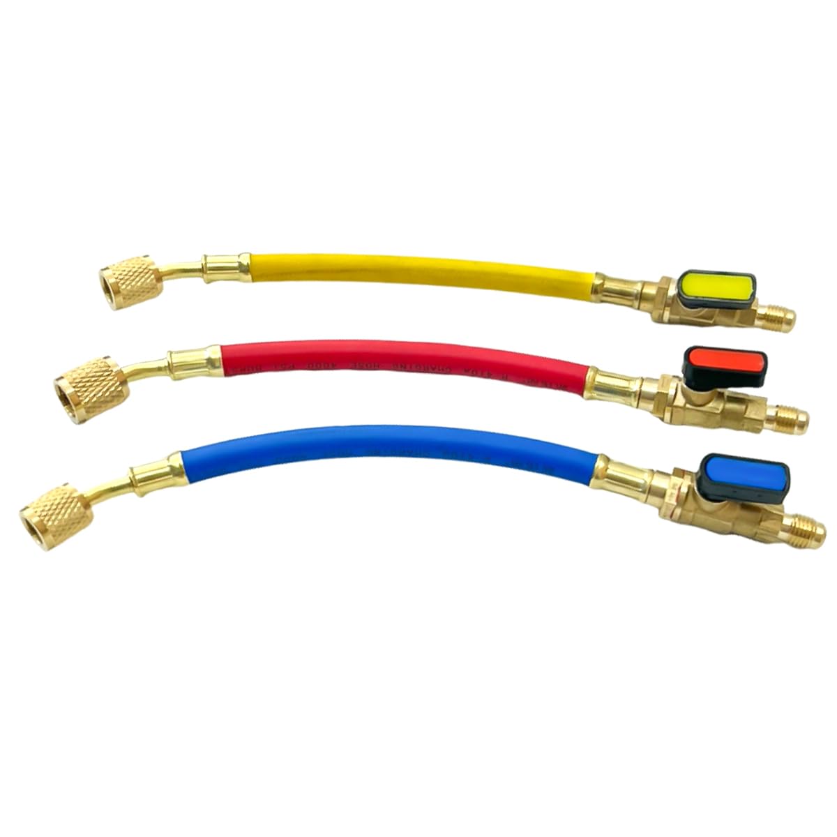 Juego de 3 mangueras de carga y válvula de bola, con código de colores y válvula de bola de 1/4" SAE para kit de mantenimiento de aire acondicionado y climatización (24 cm)