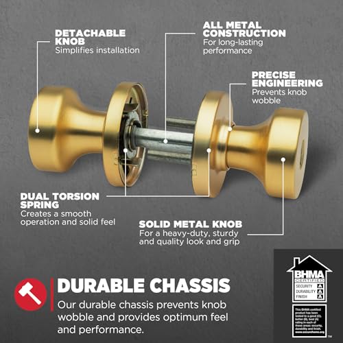 Image of Kwikset Pismo Entry Door Knob with Lock and Key, Secure Keyed Handle Exterior, Front Entrance and Bedroom, Satin Brass, 10 Pack, Pick Resistant SmartKey Rekey Security