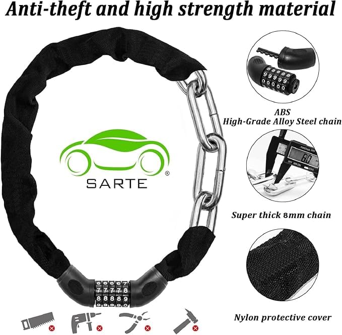 Image of Bike Lock: 5 Digit Combination Bike Chain Lock High Security Anti Theft - 3.2ft (0.97m) Heavy Duty Bicycle Lock for Bike Scooter - 6mm Thick