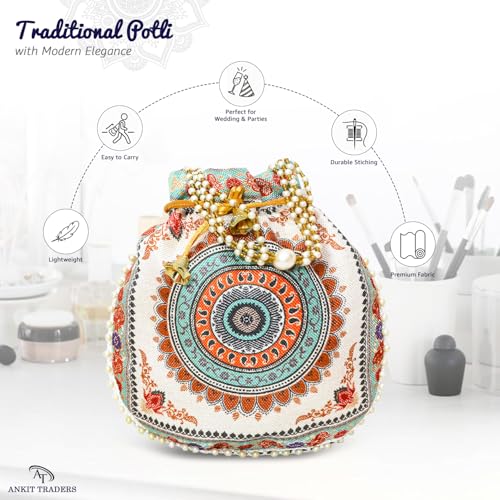 Image of Women Potli Bags | Zari Embroidered Silk With Drawstring | Traditional Return Gifts for Mehandi, Haldi, Baby Shower, Wedding, Sangeet, Seemantham