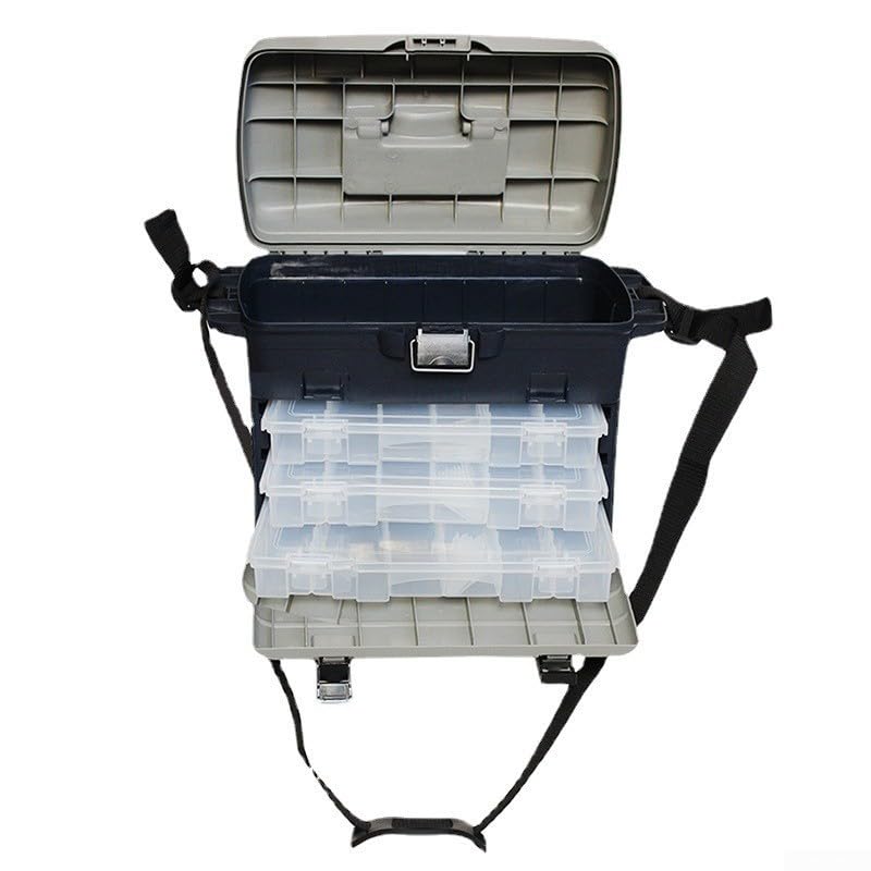Caja de aparejos de pesca de 3 capas de almacenamiento con separadores ajustables, organizador de pestillo de metal para anzuelos de cebo, señuelos, estuche portátil de larga duración 20 x 19,5 x 41