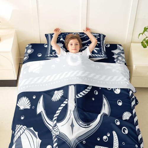 Image of jejeloiu Nautical Theme Bed Sheets Sets Twin Size Kids Boys Girls Compass Anchor Decor Bedding Set Ocean Shells Starfish Bed Sheet Set with 16-Inch Deep Pockets 3Pcs with 1 Pillow Cases