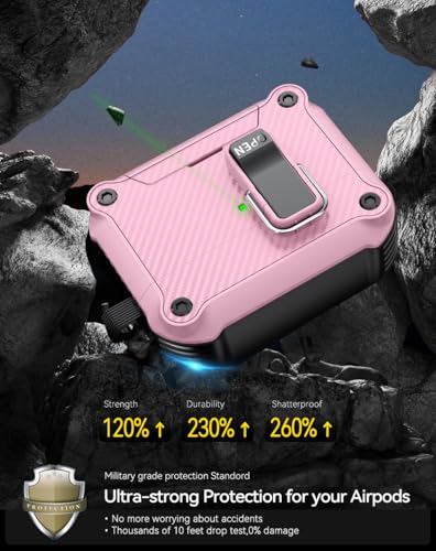 Image of Pohgelan for AirPods Pro 3 Case with Safety Lock-Pink | Carbon Fiber Texture Cover,Magnetic Automatic Lock with Cleaning Kit&Keychain,Compatible with Magsafe