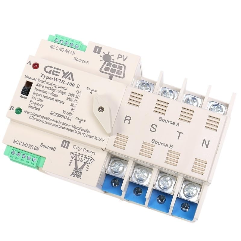 Magnetotermico 16a Interruptor de transferencia automática de energía solar 2P 3P 4P 63A AC220V ATS Sistema fotovoltaico de energía a la ciudad Magnetotermico (Color : 2P 100A, Size : PV 110V)